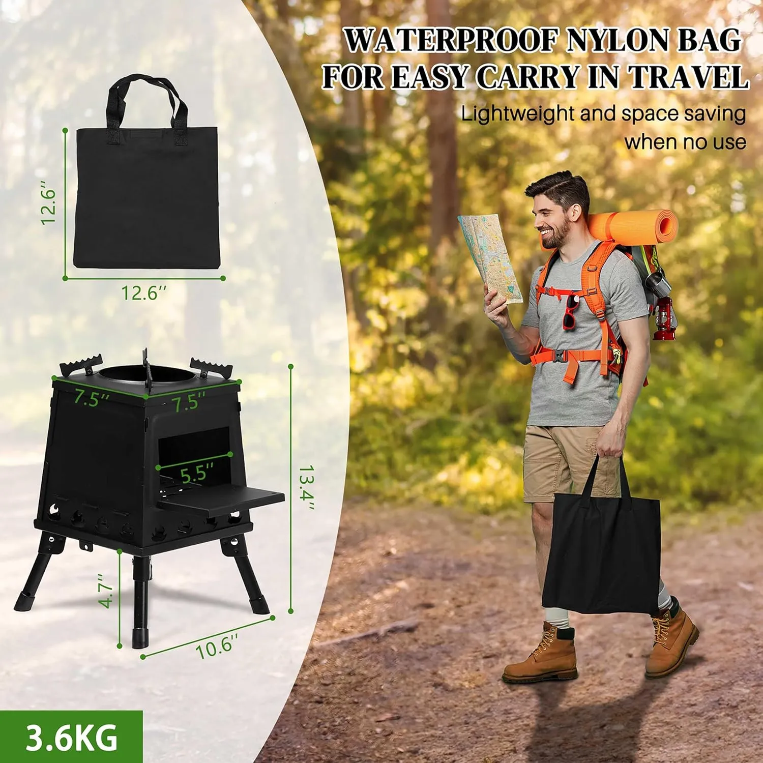 Steel Camping Stove, Wood Burning Stove Fire Pits for Outside, Backpacking Folding Camp Heat Stove, Mini Outdoor Tent Stove with Carrying Bag & Foldable Legs, Suit for Cooking, BBQ, RV, Survival