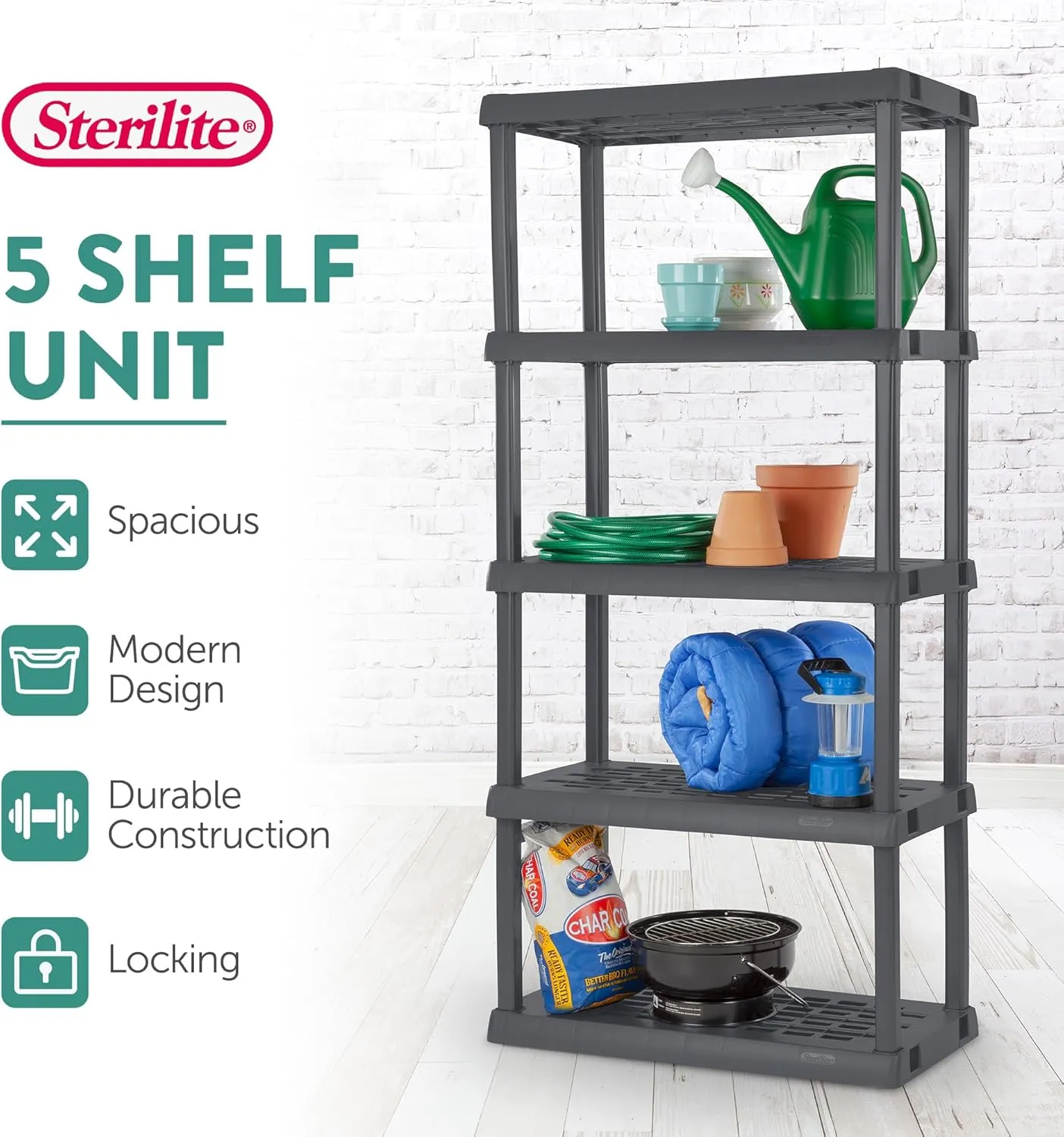 Sterilite 5-Shelf Plastic Storage Shelves, Heavy Duty Shelving Rack Unit for Garage, Gray