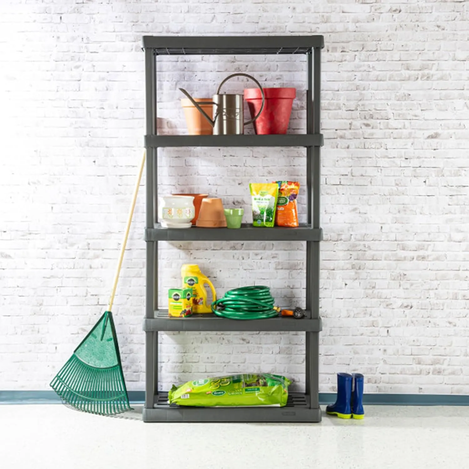 Sterilite 5-Shelf Plastic Storage Shelves, Heavy Duty Shelving Rack Unit for Garage, Gray