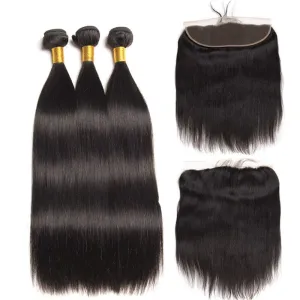 Straight Brazilian Hair Bundles with HD Lace 13x4 Lace Frontal PLB01