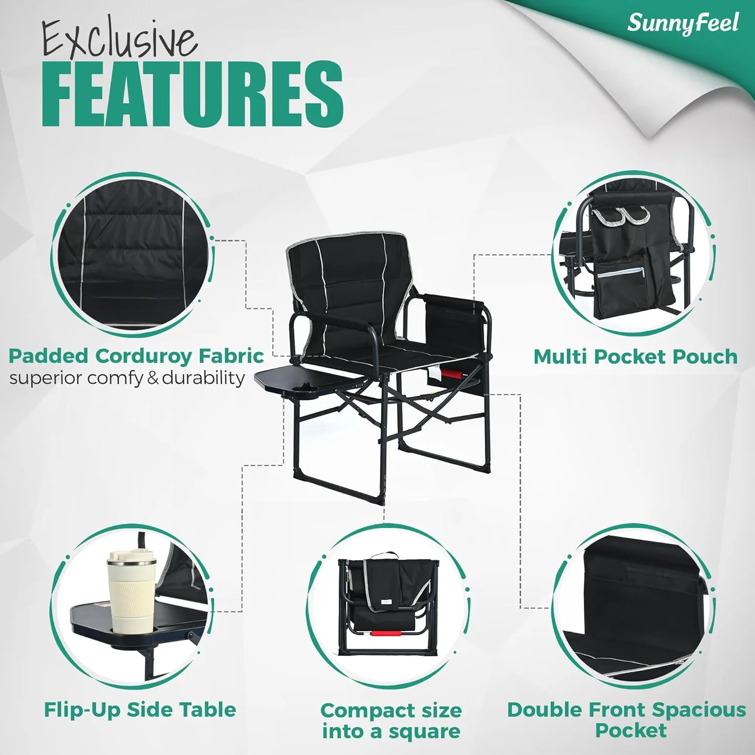 SUNNYFEEL Oversized Camping Directors Chair 2 Pack, Portable Folding Lawn Chairs for Adults Heavy Duty with Side Table,Pocket for Beach, Fishing,Picnic,Concert Outdoor, Foldable Camp Chairs