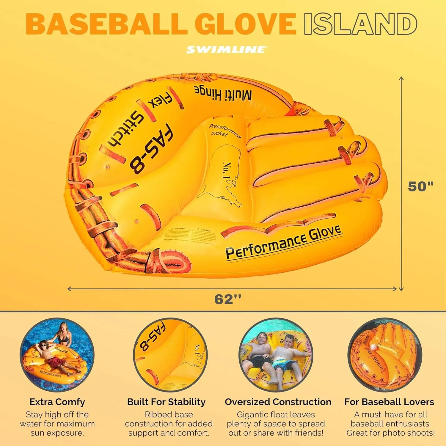 Swimline Giant Inflatable Baseball Glove Pool Float , Brown, 62"/50"/16"