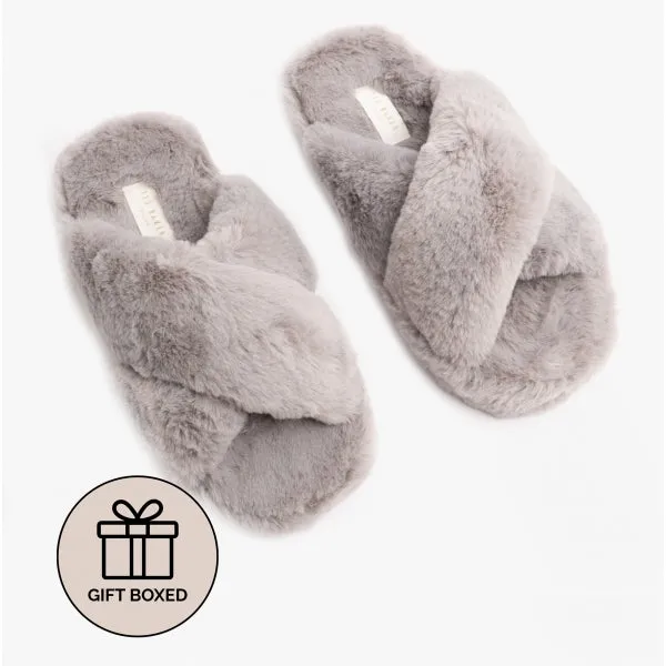 Ted Baker LOPPLY Womens Faux Fur Cross Over Slippers Light Grey