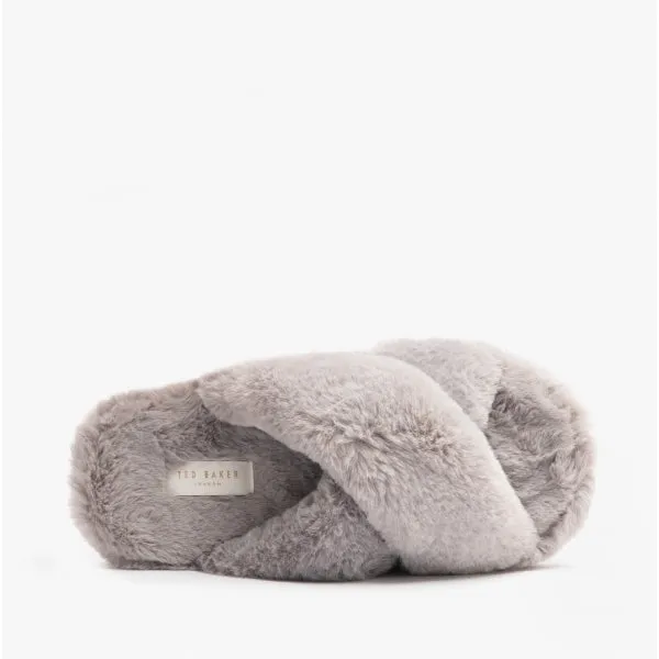 Ted Baker LOPPLY Womens Faux Fur Cross Over Slippers Light Grey