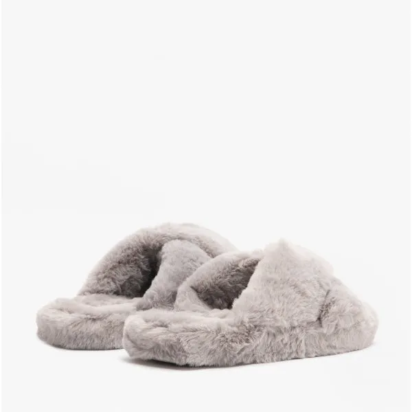 Ted Baker LOPPLY Womens Faux Fur Cross Over Slippers Light Grey