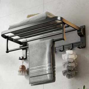 TERRIFI 60 cm Foldable Towel Rack withTowel Bar, Wall-Mounted Towel Shelf, Matte Black, Rustproof, Drillable, with Movable 5 Hooks, for Bathroom Lavatory Storage