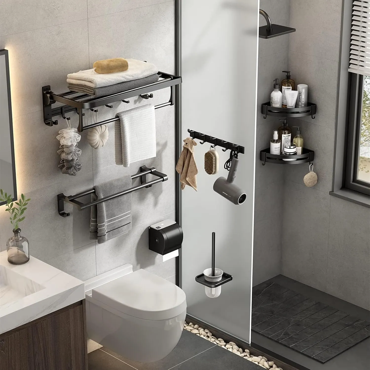 TERRIFI 60 cm Foldable Towel Rack withTowel Bar, Wall-Mounted Towel Shelf, Matte Black, Rustproof, Drillable, with Movable 5 Hooks, for Bathroom Lavatory Storage