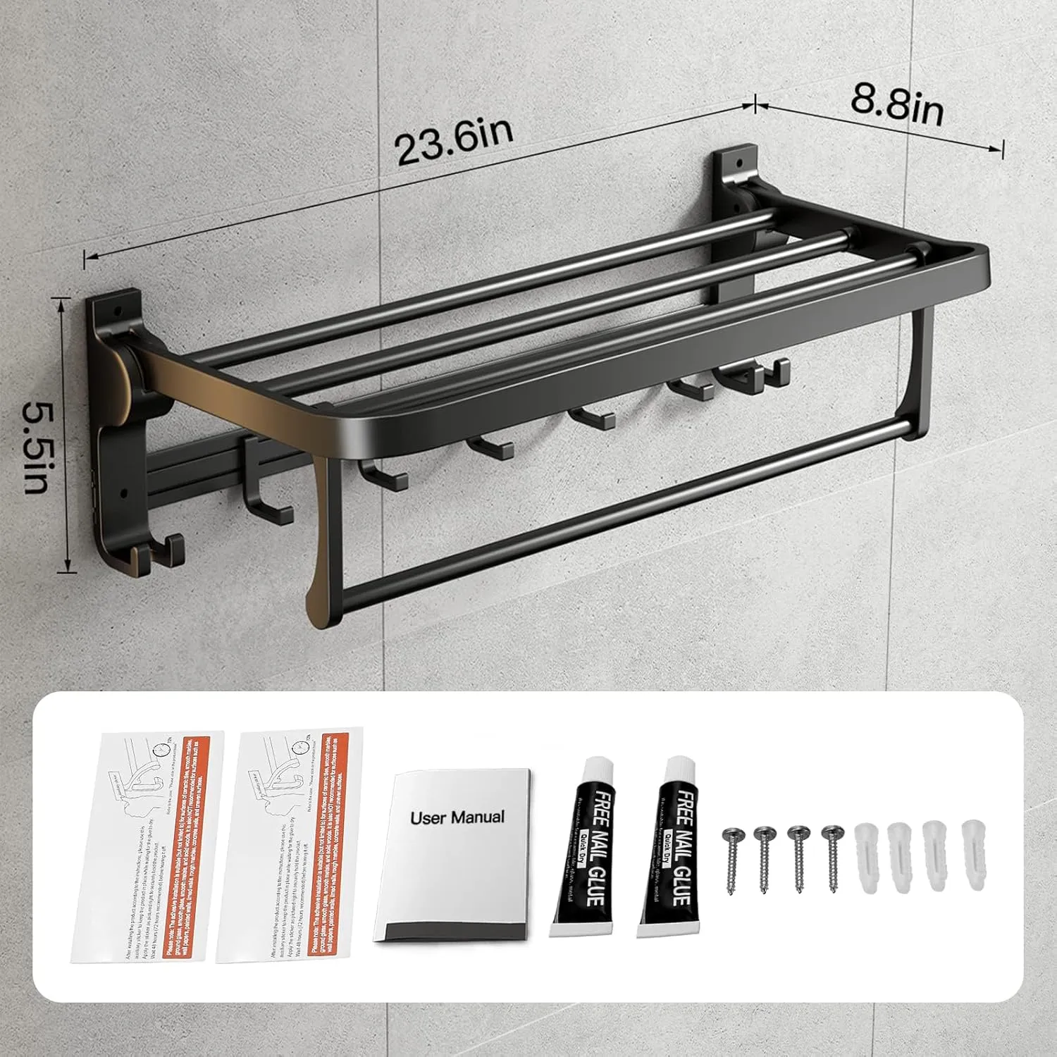 TERRIFI 60 cm Foldable Towel Rack withTowel Bar, Wall-Mounted Towel Shelf, Matte Black, Rustproof, Drillable, with Movable 5 Hooks, for Bathroom Lavatory Storage