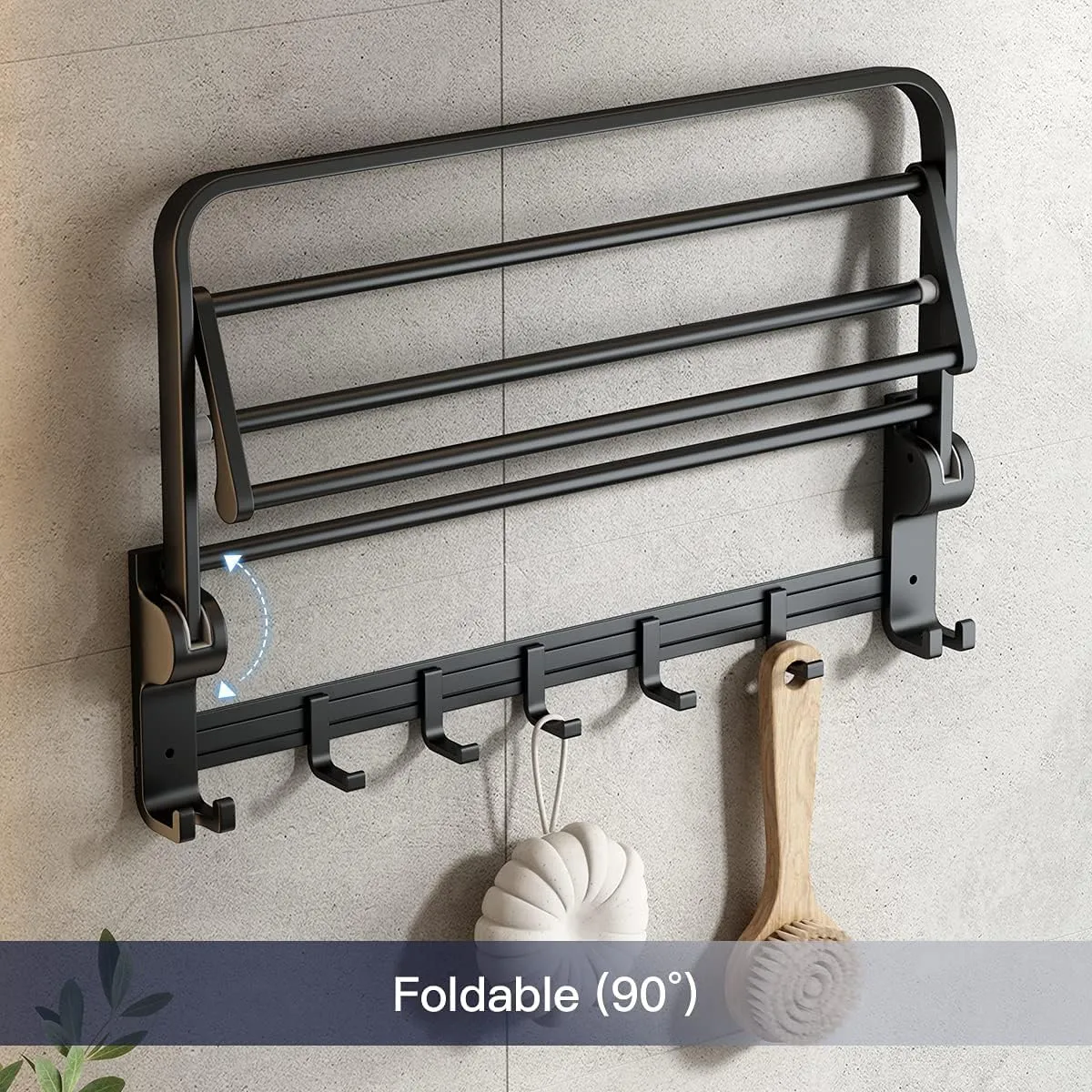 TERRIFI 60 cm Foldable Towel Rack withTowel Bar, Wall-Mounted Towel Shelf, Matte Black, Rustproof, Drillable, with Movable 5 Hooks, for Bathroom Lavatory Storage