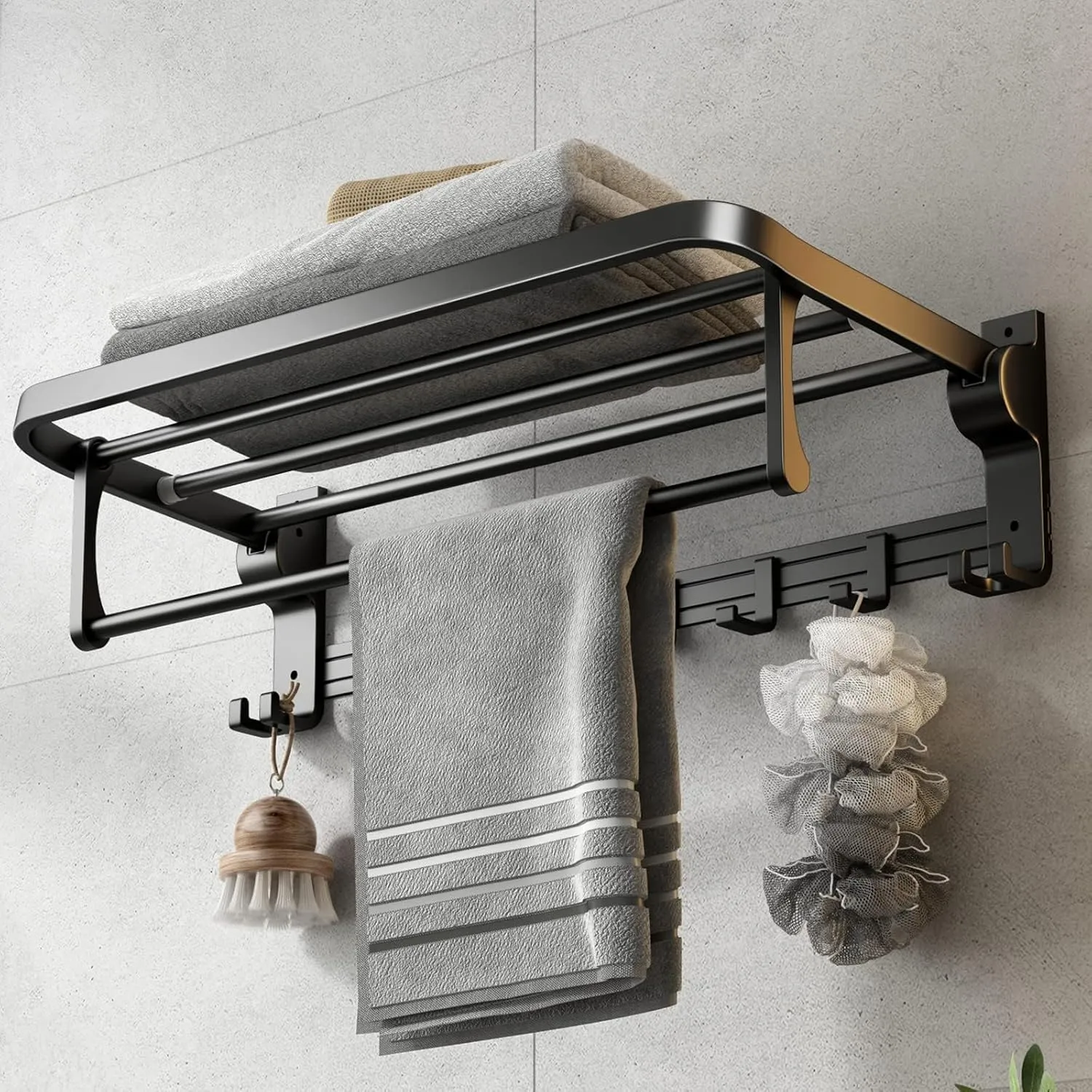 TERRIFI 60 cm Foldable Towel Rack withTowel Bar, Wall-Mounted Towel Shelf, Matte Black, Rustproof, Drillable, with Movable 5 Hooks, for Bathroom Lavatory Storage