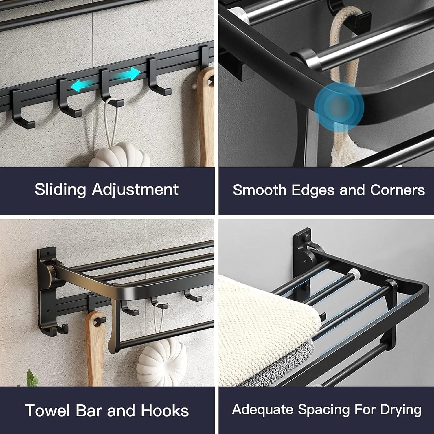 TERRIFI 60 cm Foldable Towel Rack withTowel Bar, Wall-Mounted Towel Shelf, Matte Black, Rustproof, Drillable, with Movable 5 Hooks, for Bathroom Lavatory Storage