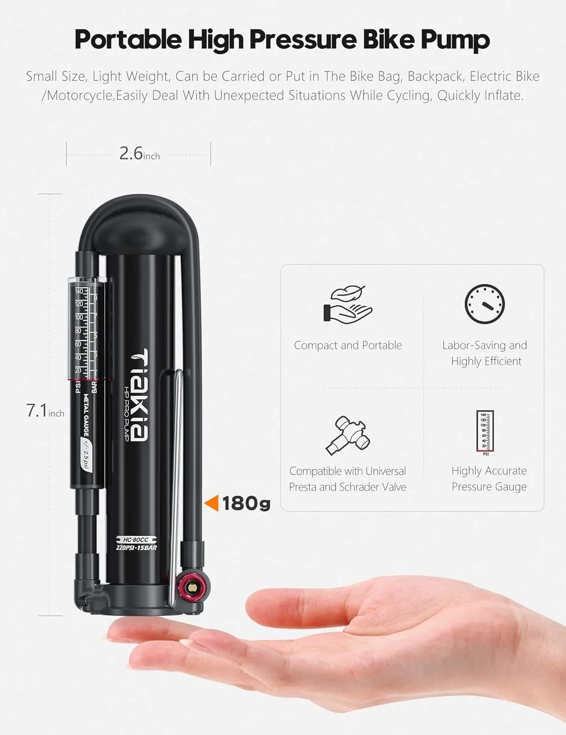 Tiakia Bike Pump with Gauge, High Pressure Bicycle Pump High Volume Portable Hand Air Pump Fit Presta, Schrader Valves Aluminum Bike Tire Pump for Mountain Road Bike, Strollers, Balls