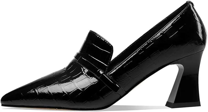 TinaCus Embossed Patent Leather Handmade Women's Mid Spool Heel Pointed Toe Slip On Modern Pump Shoes with Bowtie
