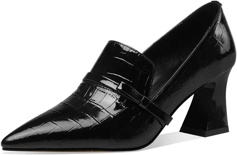 TinaCus Embossed Patent Leather Handmade Women's Mid Spool Heel Pointed Toe Slip On Modern Pump Shoes with Bowtie