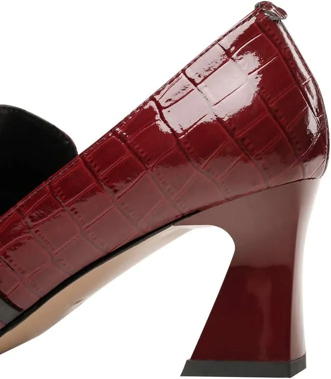 TinaCus Embossed Patent Leather Handmade Women's Mid Spool Heel Pointed Toe Slip On Modern Pump Shoes with Bowtie