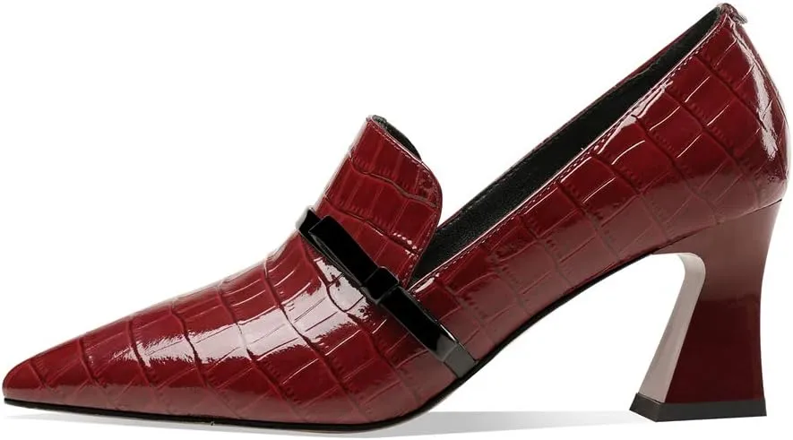 TinaCus Embossed Patent Leather Handmade Women's Mid Spool Heel Pointed Toe Slip On Modern Pump Shoes with Bowtie