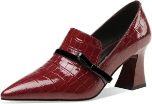 TinaCus Embossed Patent Leather Handmade Women's Mid Spool Heel Pointed Toe Slip On Modern Pump Shoes with Bowtie