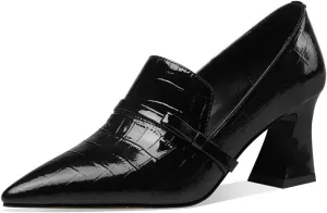 TinaCus Embossed Patent Leather Handmade Women's Mid Spool Heel Pointed Toe Slip On Modern Pump Shoes with Bowtie