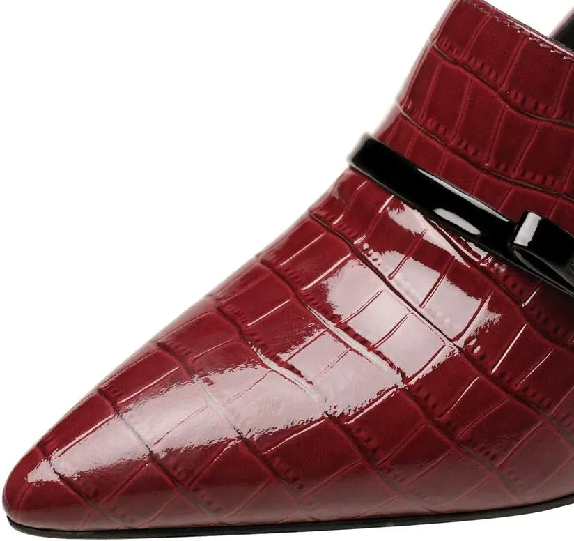 TinaCus Embossed Patent Leather Handmade Women's Mid Spool Heel Pointed Toe Slip On Modern Pump Shoes with Bowtie