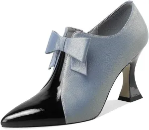 TinaCus Women's Genuine Leather Handmade Sexy High Spool Heel Patent Pointed Toe Side Zipper Pump Shoes with Cute Bow