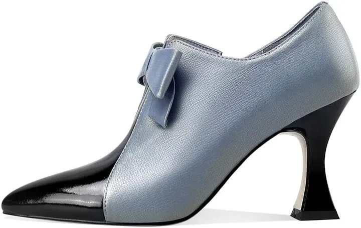 TinaCus Women's Genuine Leather Handmade Sexy High Spool Heel Patent Pointed Toe Side Zipper Pump Shoes with Cute Bow