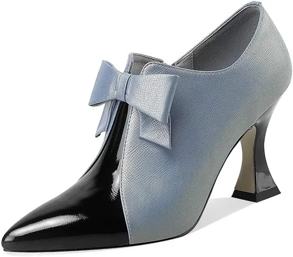 TinaCus Women's Genuine Leather Handmade Sexy High Spool Heel Patent Pointed Toe Side Zipper Pump Shoes with Cute Bow
