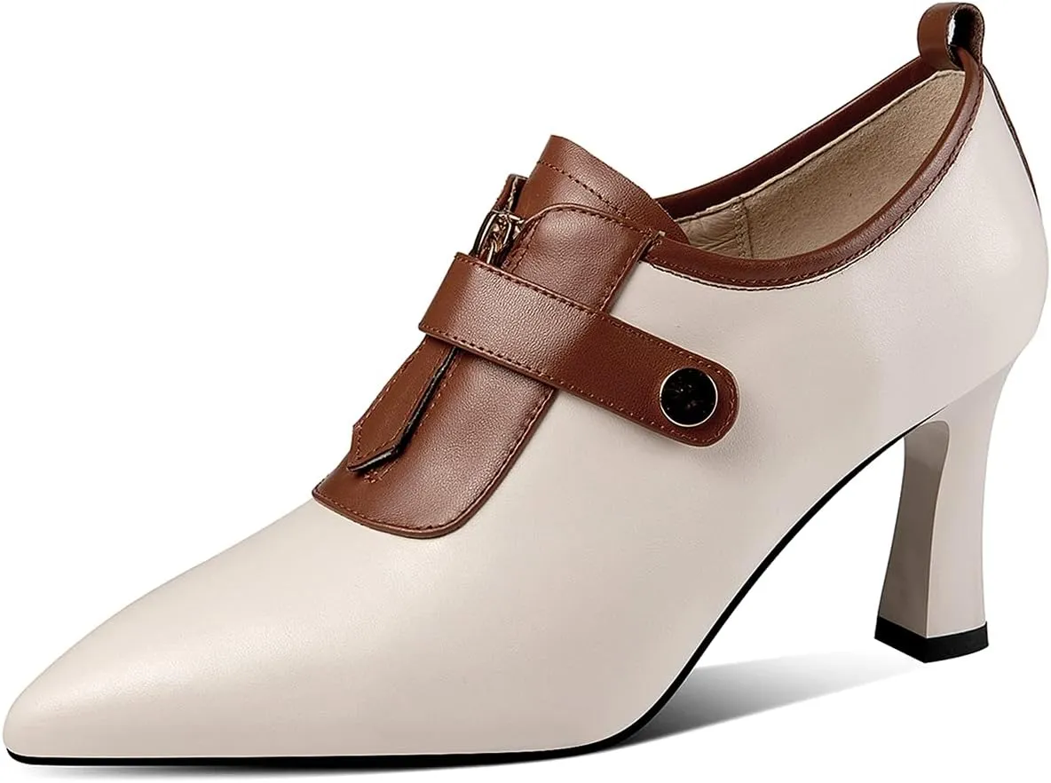 TinaCus Women's Handmade Genuine Leather Sexy High Heel Pointed Toe Oxfords Pump Shoes with Front Zip and Button Decor