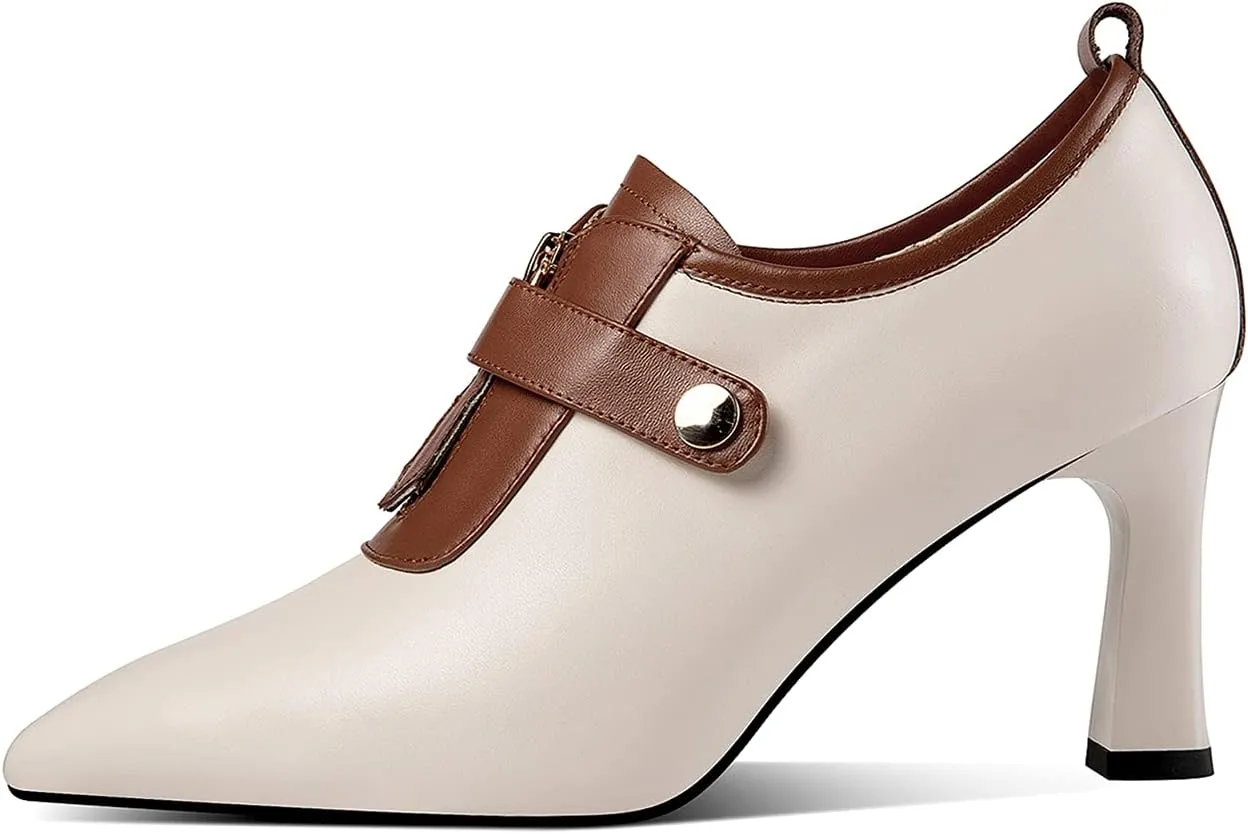 TinaCus Women's Handmade Genuine Leather Sexy High Heel Pointed Toe Oxfords Pump Shoes with Front Zip and Button Decor