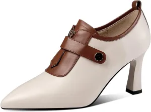 TinaCus Women's Handmade Genuine Leather Sexy High Heel Pointed Toe Oxfords Pump Shoes with Front Zip and Button Decor