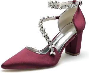 TNXZ Women's Pointed Toe High Heels Pump Shoes Ankle Strap High Block Heel Business Wedding Dress Shoes