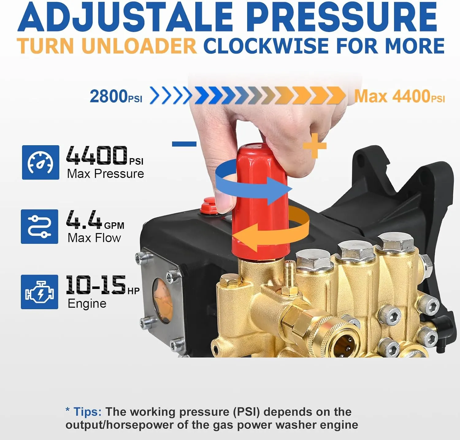 TOOLCY Pressure Washer Pump 3600-4400 PSI Max 4.4 GPM, 1 inch Shaft Horizontal Triplex Plunger Power Washer Pump Replacement, Direct Drive Pressure Pump with Unloader, 5 Nozzle Tips, M22-14mm Adapter