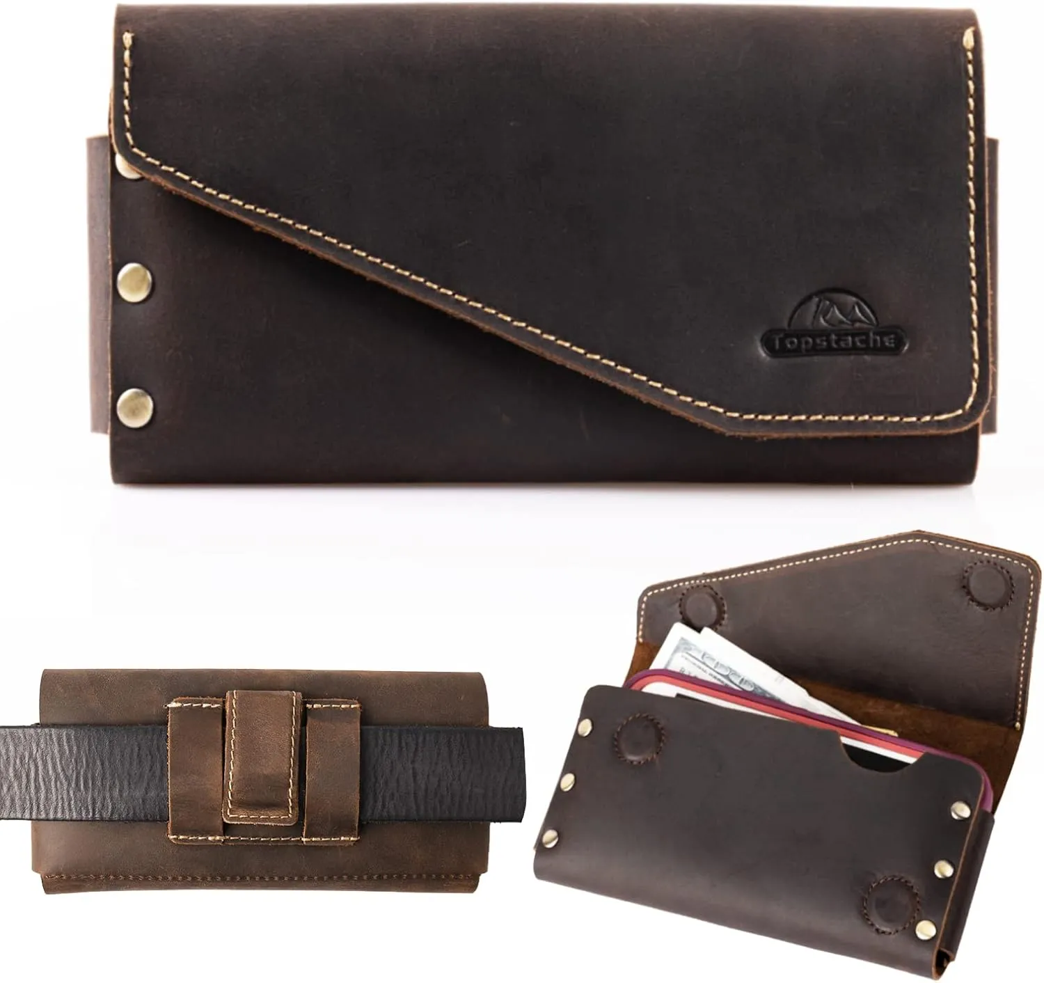 Topstache Leather Phone Holster with Belt Clip,S22 Ultra Belt Holder,iPhone 14 Pro Max Case for Belt,Leather Belt Pouch for Universal Smartphone with Otterbox Case,Flip Cellphone Pouch,XL,Darkbrown