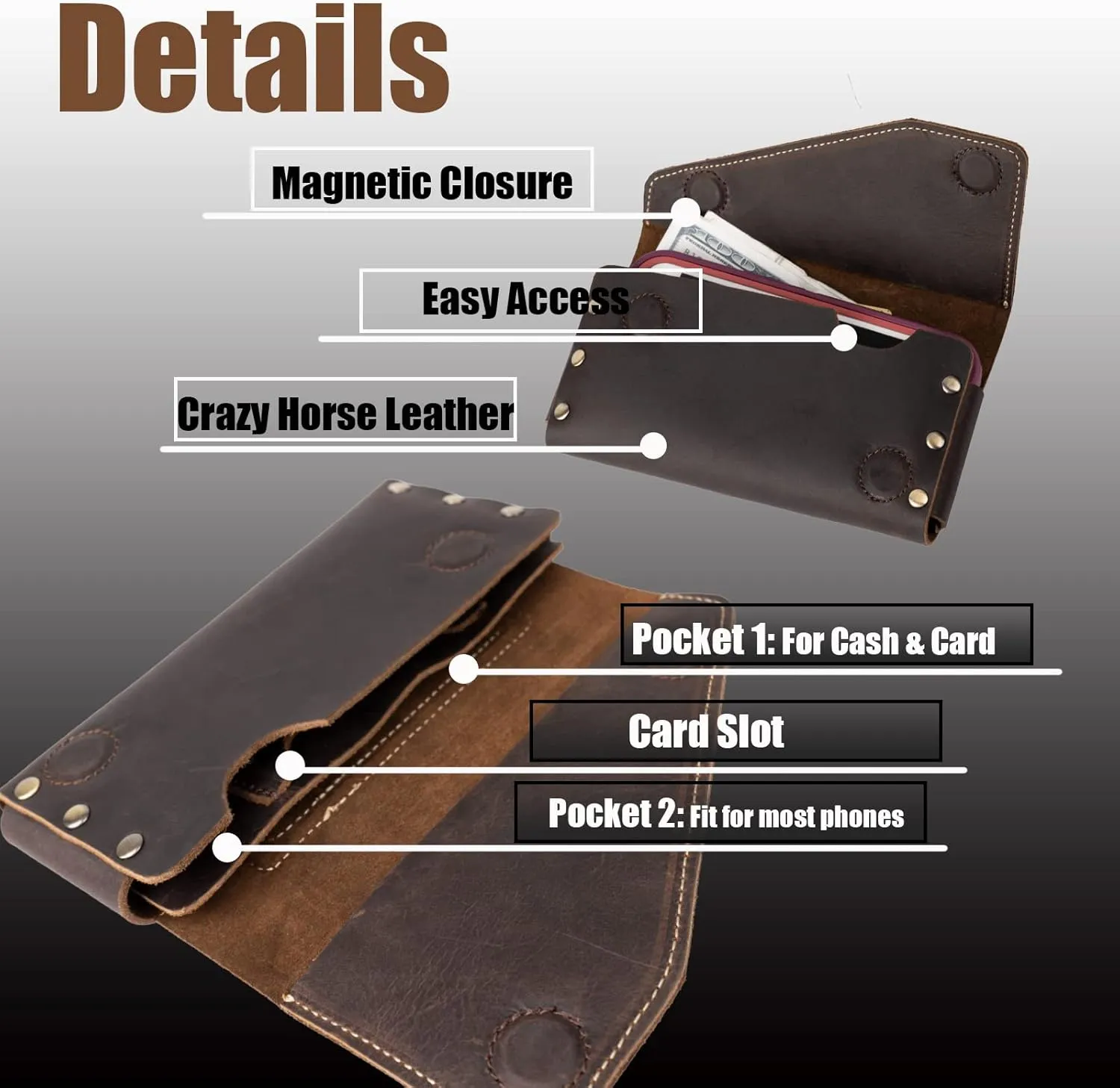 Topstache Leather Phone Holster with Belt Clip,S22 Ultra Belt Holder,iPhone 14 Pro Max Case for Belt,Leather Belt Pouch for Universal Smartphone with Otterbox Case,Flip Cellphone Pouch,XL,Darkbrown