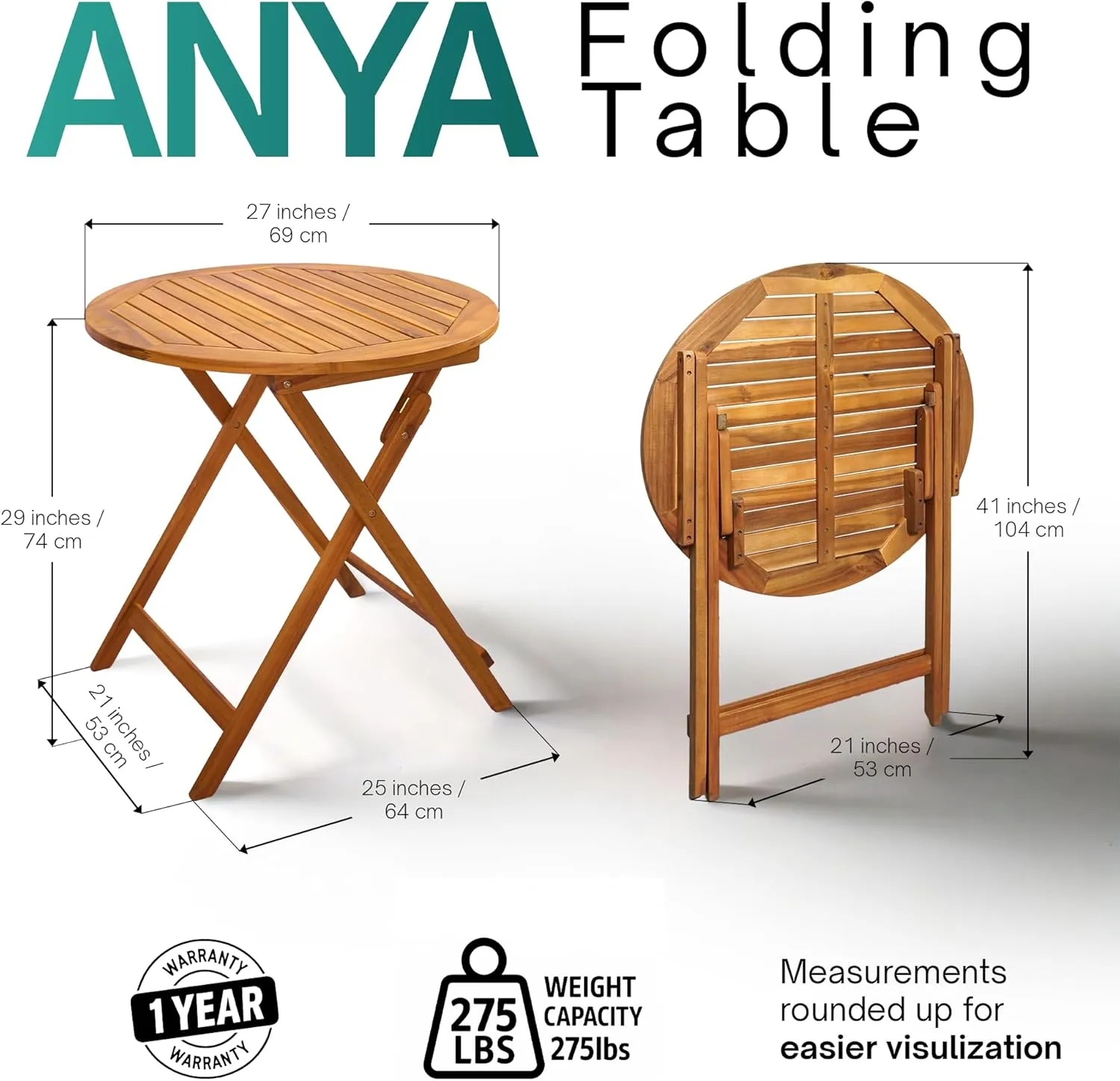 Tranquillo Anya Foldable Round Solid Acacia Wood Outdoor Table – 27.6” Solid Patio Side Piece, TV Tray, Water & Weather Resistant, Compact Folding Design for Camping, Small Spaces, Garden, Balcony