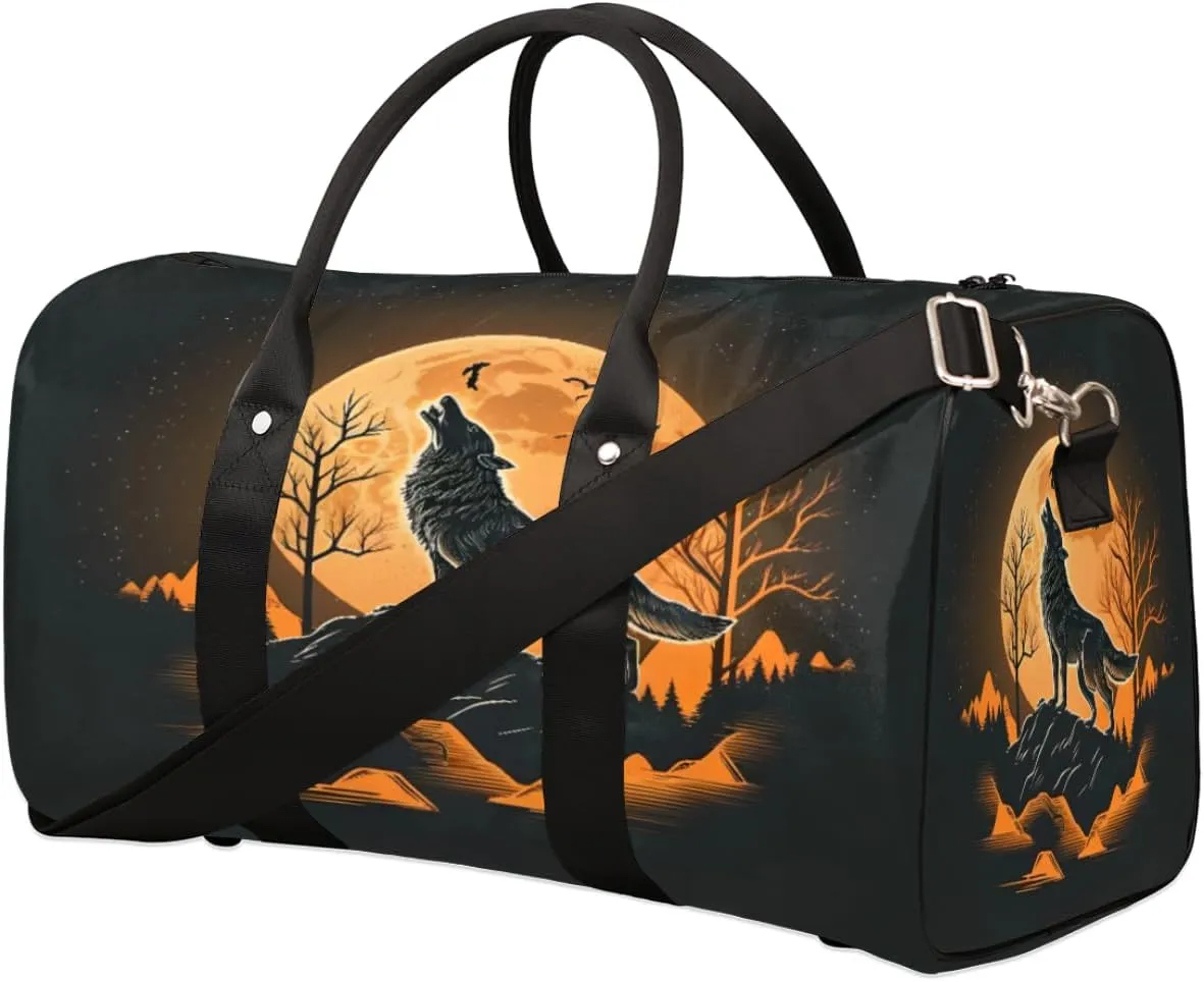 Travel Duffel Bag Wolf Moon Waterproof Sport Gym Bag Foldable Travel Bag Overnight Bag Weekender Bag Handbag Sports Duffle Bags for Women Men Boys Girls