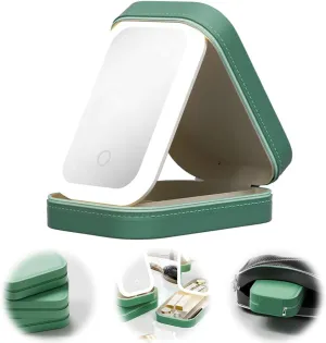 Travel Makeup Mirror with Led, 2025 New Portable Makeup Bag with LED Mirror Makeup Case Foldable, 3 Adjustable Color LED Light Makeup Mirror with Storage Box for Women Travel Camping (Green)