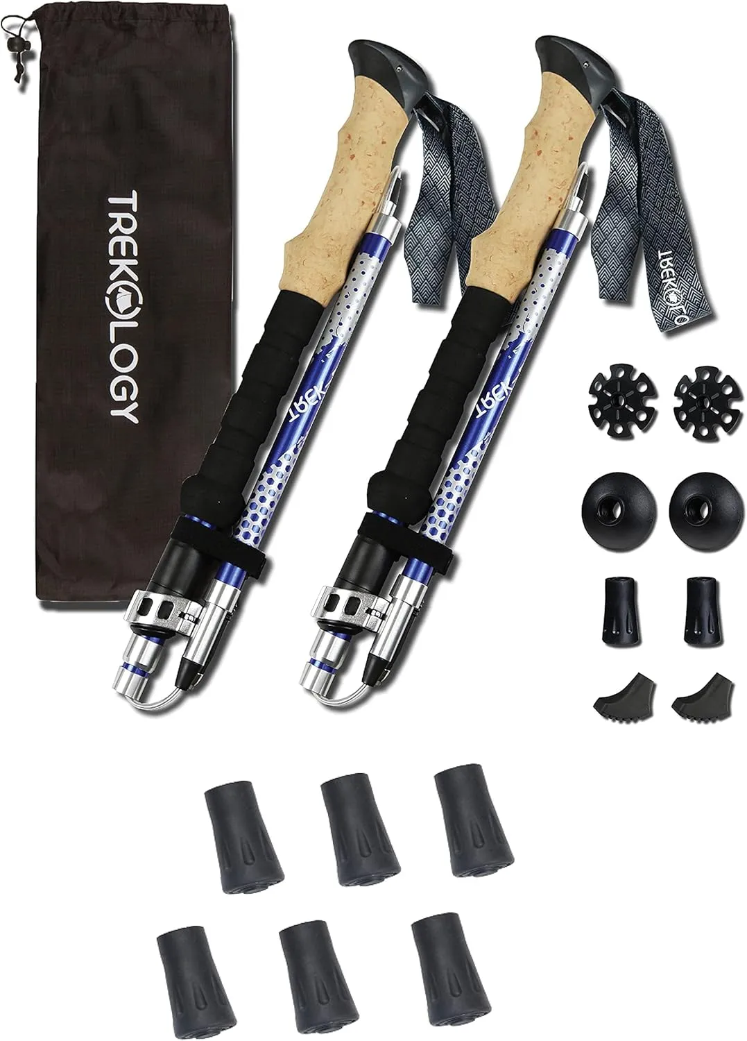 TREKOLOGY Trek-Z (Blue 115-135cm) Trekking Hiking Poles / 6 pc Replacement Rubber Tips - Collapsible Folding Walking Sticks,Adjustable Quick Flip-Lock, Foldable Trekking Poles for Hiking.