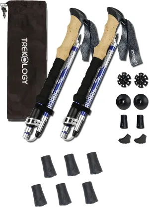 TREKOLOGY Trek-Z (Blue 115-135cm) Trekking Hiking Poles / 6 pc Replacement Rubber Tips - Collapsible Folding Walking Sticks,Adjustable Quick Flip-Lock, Foldable Trekking Poles for Hiking.
