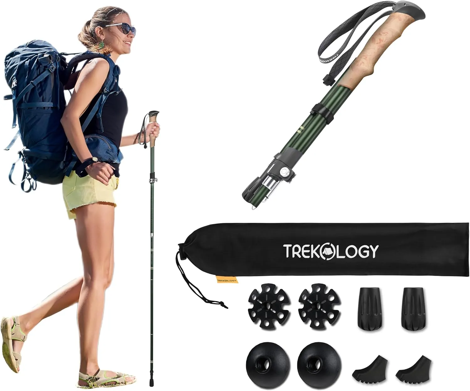 TREKOLOGY TREKZ SE Trekking Pole Bundle: Collapsible Lightweight Hiking Stick with 8pc/Set Trekking Pole Tips and Replacement Protectors - Fit Most Standard Hiking Poles