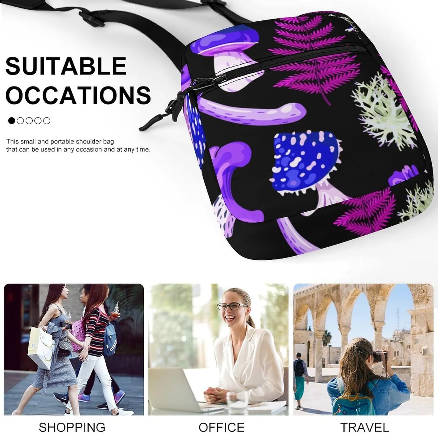 Trippy Purple Blue Mushrooms Crossbody Bag Small Shoulder Bag Waterproof, Lightweight And Convenient