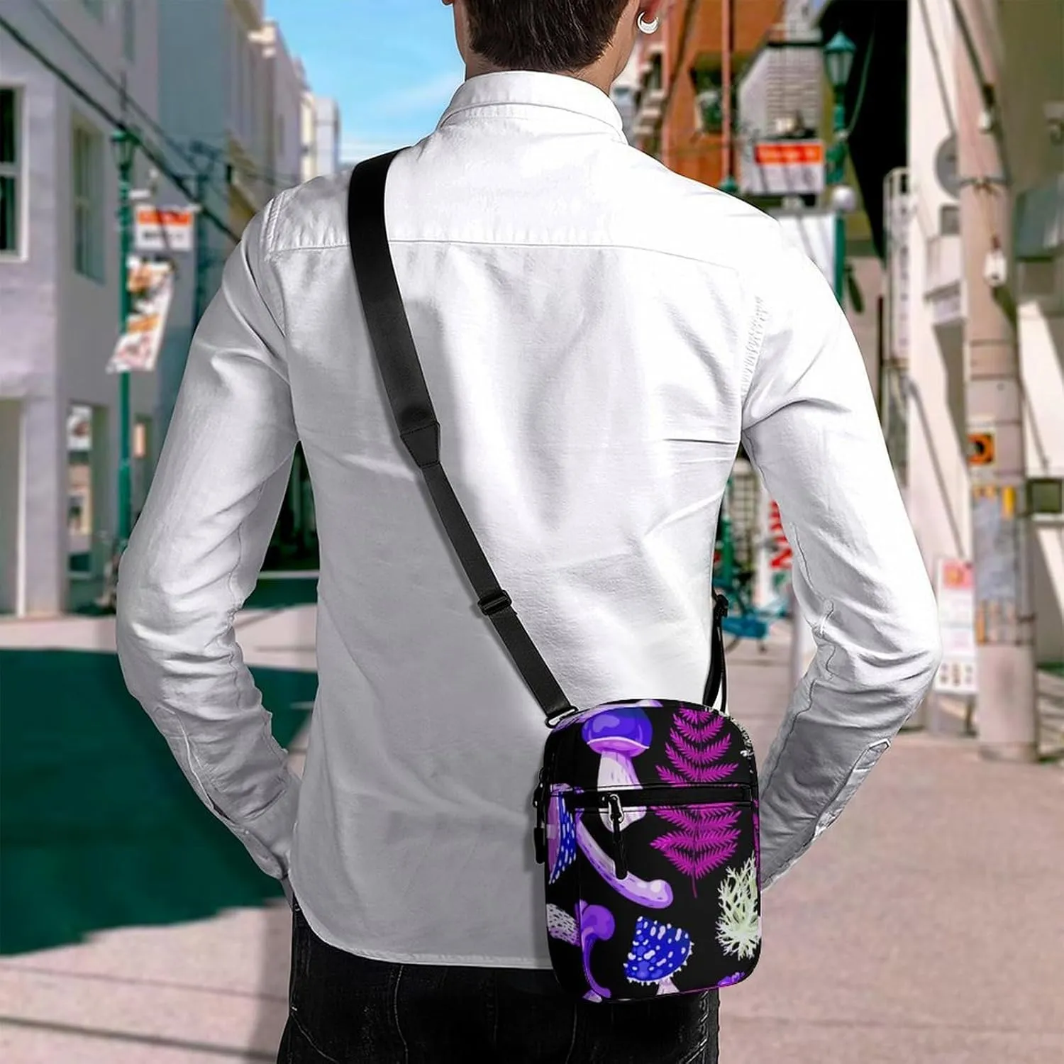 Trippy Purple Blue Mushrooms Crossbody Bag Small Shoulder Bag Waterproof, Lightweight And Convenient