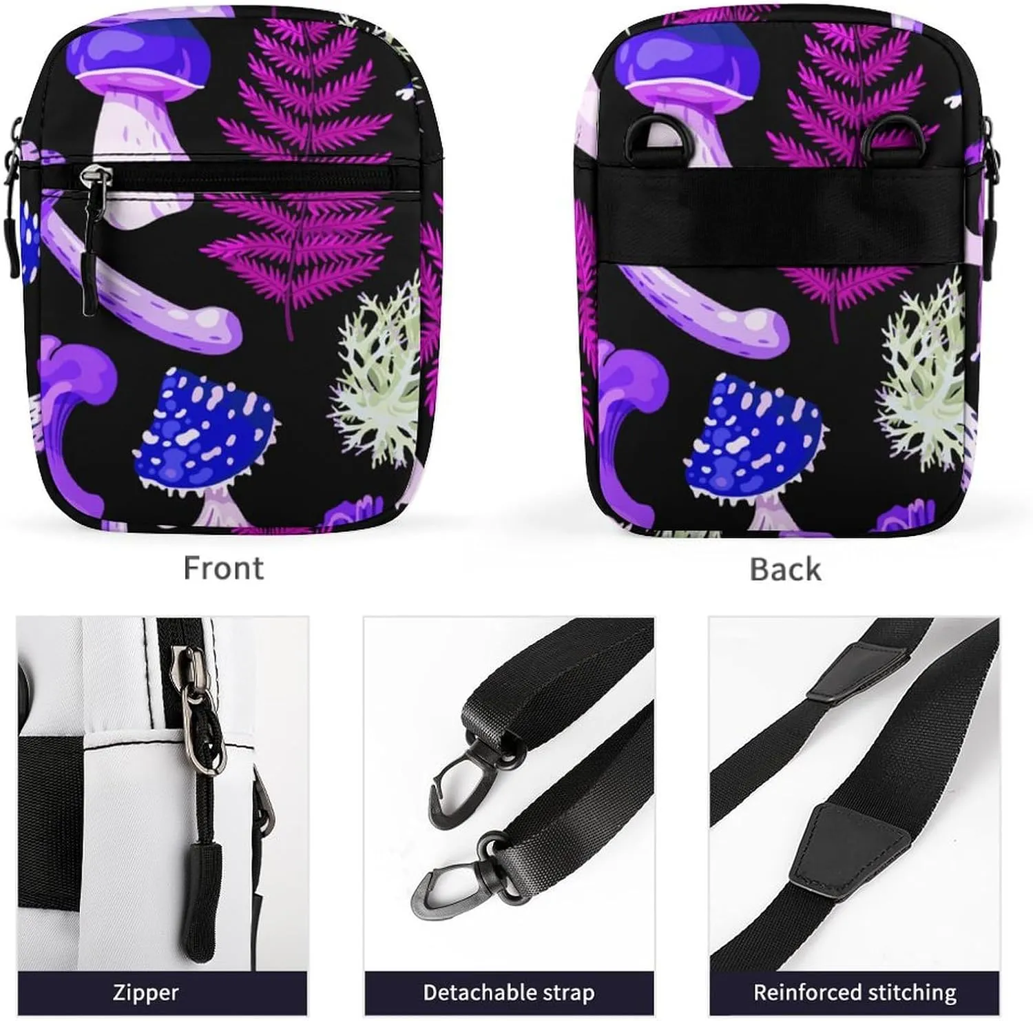 Trippy Purple Blue Mushrooms Crossbody Bag Small Shoulder Bag Waterproof, Lightweight And Convenient