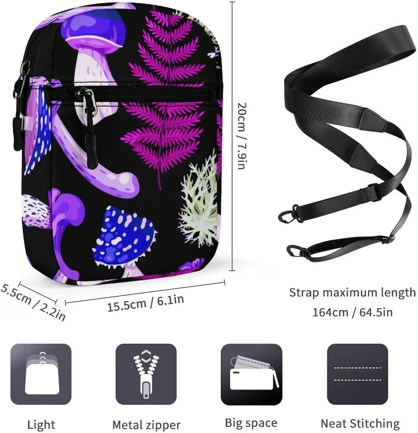 Trippy Purple Blue Mushrooms Crossbody Bag Small Shoulder Bag Waterproof, Lightweight And Convenient