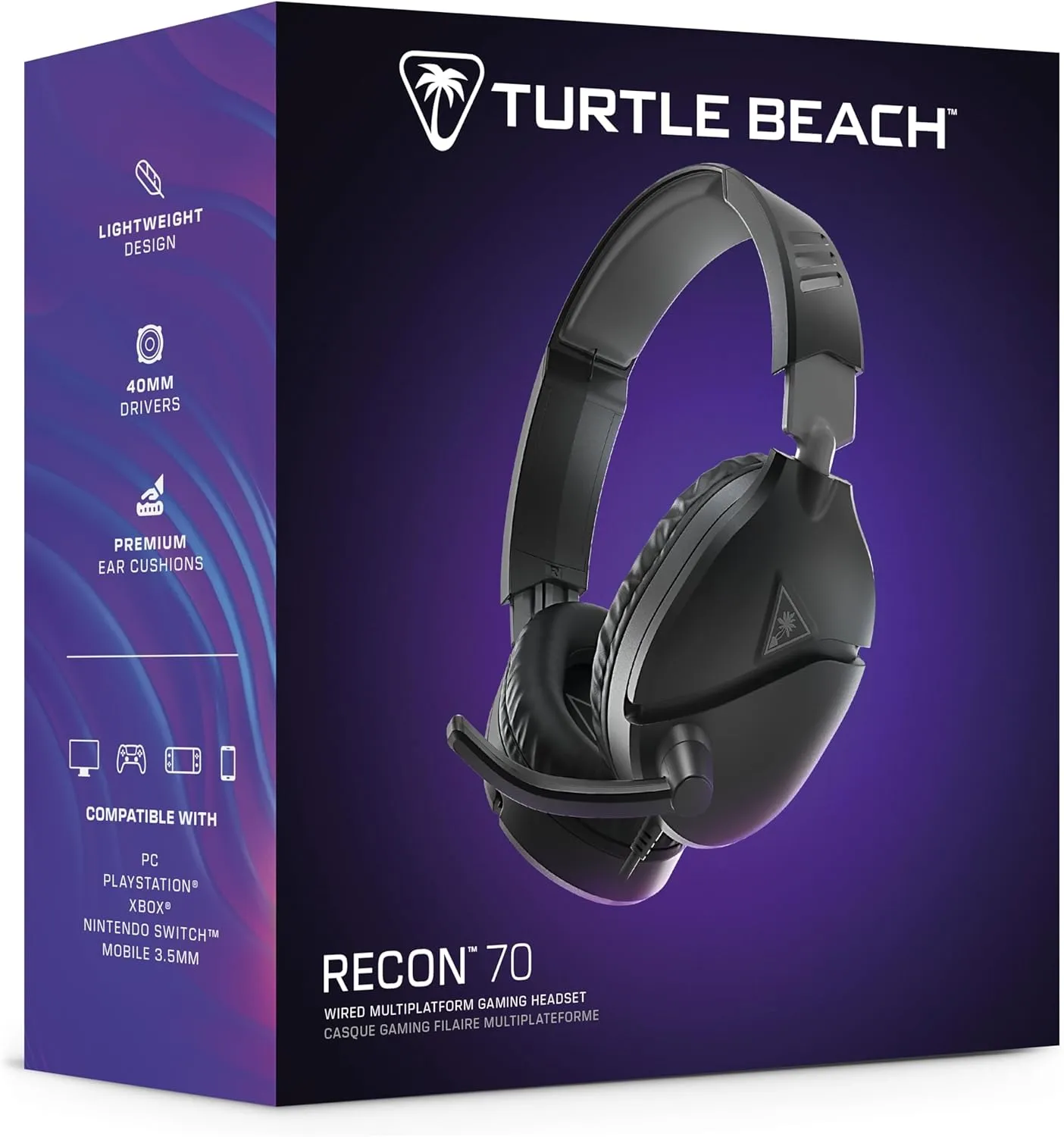 Turtle Beach Recon 70 Multiplatform Gaming Headset for PC, PS5, PS4, Xbox Series X|S, Xbox One, & Mobile w/ 3.5mm Wired Connection - Flip-to-Mute Mic, 40mm Speakers, Lightweight Design, Black