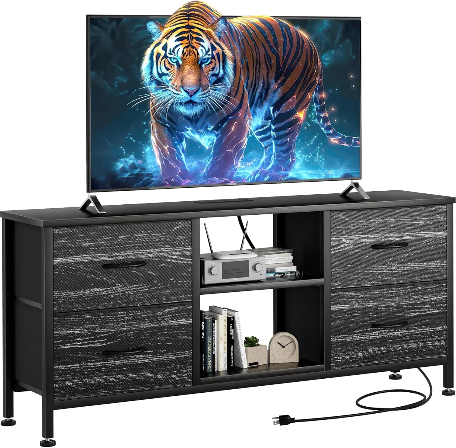 TV Stand for Bedroom, Dresser TV Stand with 4 Fabric Drawers & Open Shelves for 50" TV, Entertainment Center with Power Outlet, Dresser for Bedroom, Living Room, Entryway, Black Wood Veins