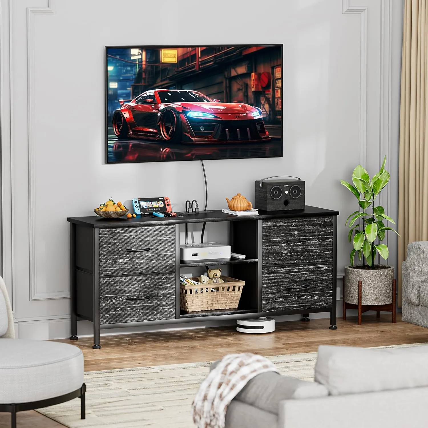 TV Stand for Bedroom, Dresser TV Stand with 4 Fabric Drawers & Open Shelves for 50" TV, Entertainment Center with Power Outlet, Dresser for Bedroom, Living Room, Entryway, Black Wood Veins