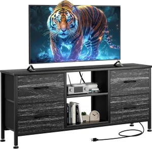 TV Stand for Bedroom, Dresser TV Stand with 4 Fabric Drawers & Open Shelves for 50" TV, Entertainment Center with Power Outlet, Dresser for Bedroom, Living Room, Entryway, Black Wood Veins