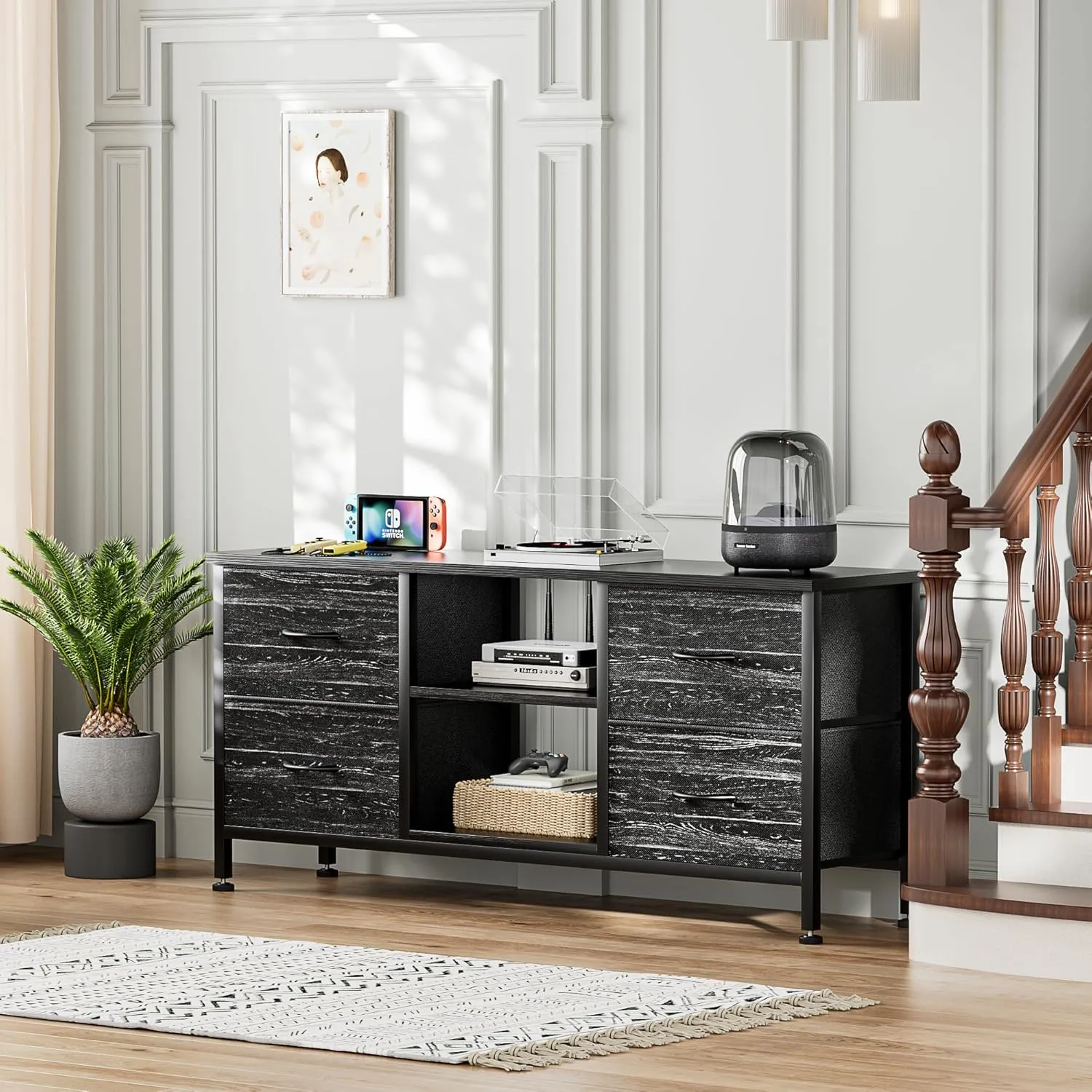 TV Stand for Bedroom, Dresser TV Stand with 4 Fabric Drawers & Open Shelves for 50" TV, Entertainment Center with Power Outlet, Dresser for Bedroom, Living Room, Entryway, Black Wood Veins