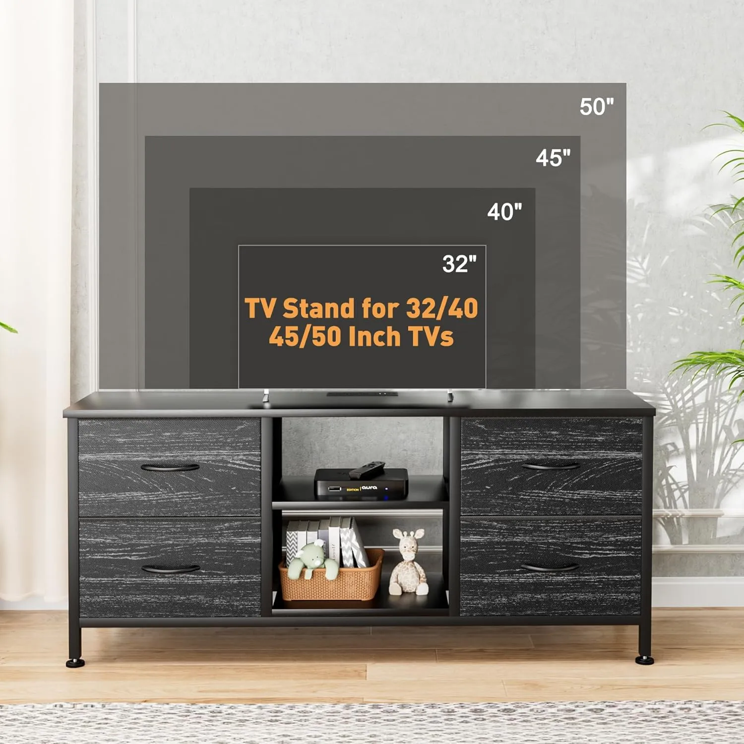 TV Stand for Bedroom, Dresser TV Stand with 4 Fabric Drawers & Open Shelves for 50" TV, Entertainment Center with Power Outlet, Dresser for Bedroom, Living Room, Entryway, Black Wood Veins