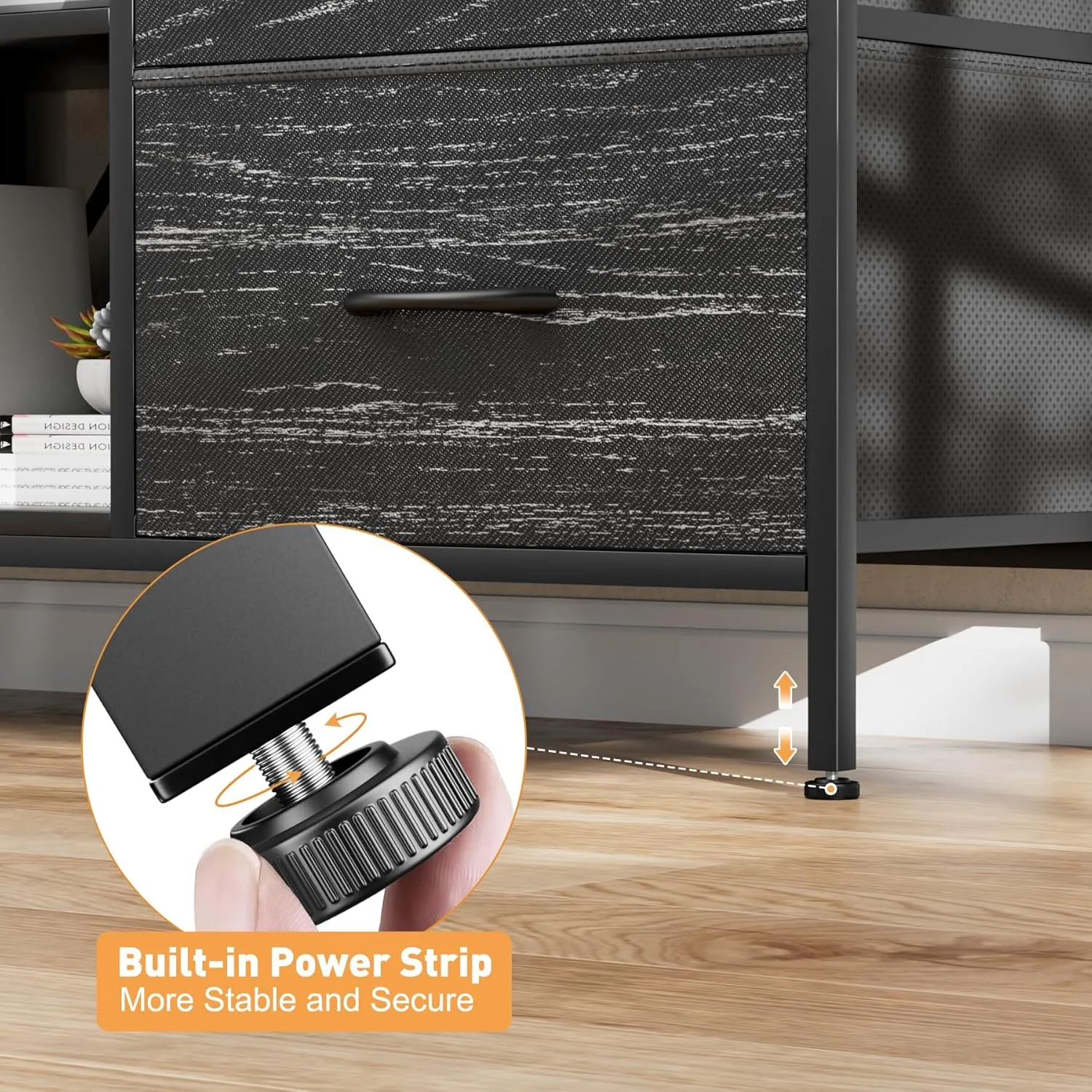 TV Stand for Bedroom, Dresser TV Stand with 4 Fabric Drawers & Open Shelves for 50" TV, Entertainment Center with Power Outlet, Dresser for Bedroom, Living Room, Entryway, Black Wood Veins